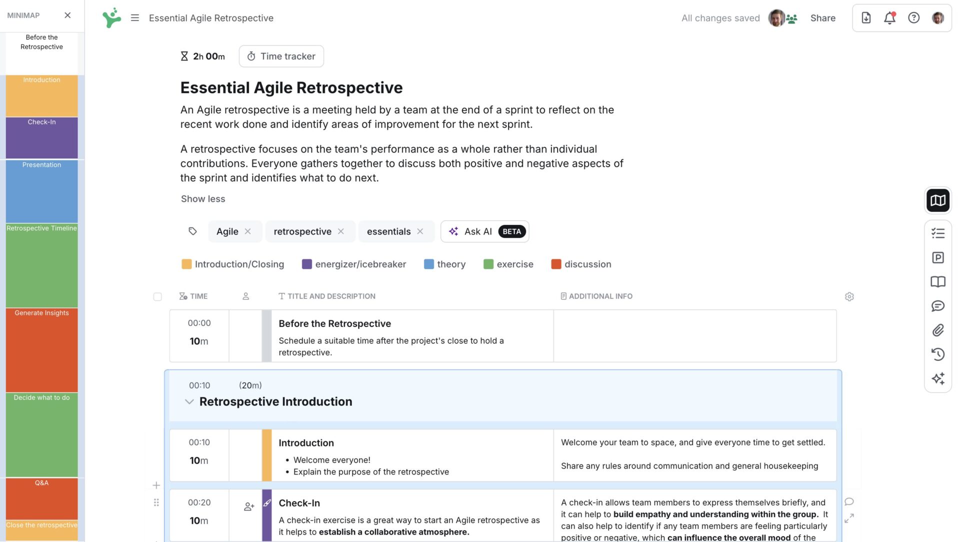 Screenshot of an agile retro agenda designed in SessionLab.