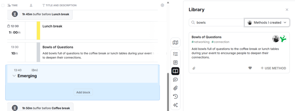 Screenshot of SessionLab's planner showing the "Bowls of Questions" activty open in the library tab